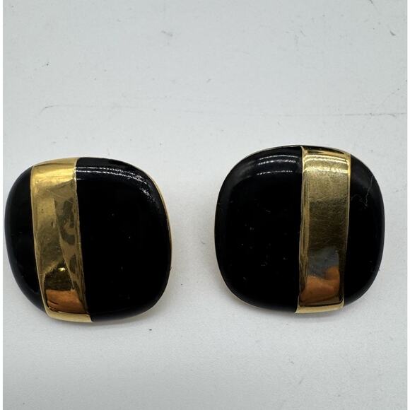 Vintage Luxury Monet Clip On Earrings Black & Gold Tone Designer Jewelry Pair - Picture 6 of 6